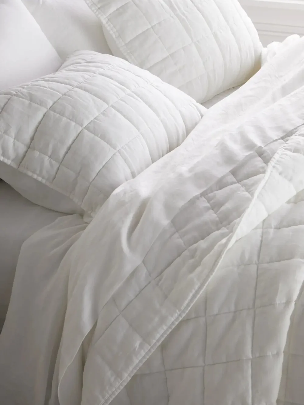 Quince European Linen Box Quilt White Full/Queen 88x92 EUC OEKO-TEX
